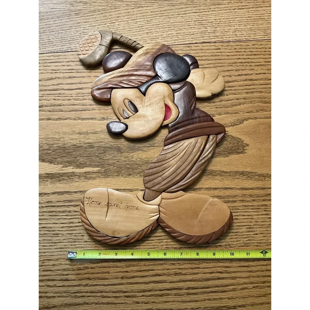 Disney Mickey Mouse Golfing Intarsia Wood Wall Art Home Sweet Home Handcrafted